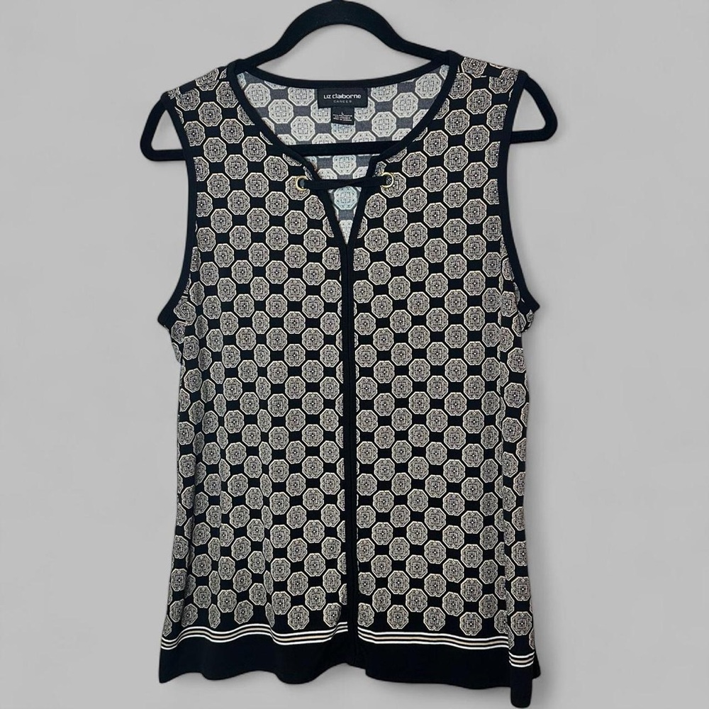 Liz Claiborne Black and Cream Patterned Sleeveless Office Blouse Large
